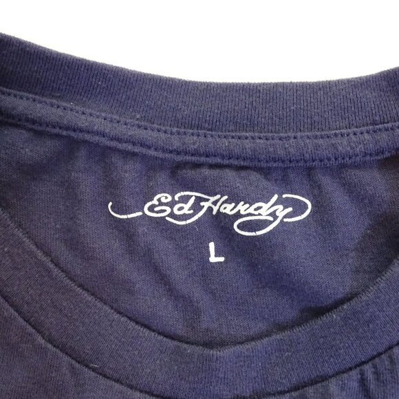 Ed Hardy Graphic Cropped T-shirt Blue Women Size L Y2K Indie Tattoo Art Grunge - Picture 6 of 11